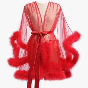 Red Sheer Feather Robe with ribbon tie